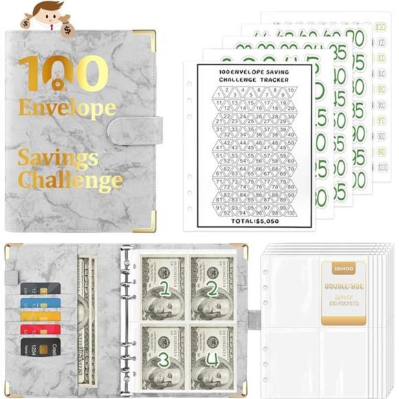 100 Envelopes Money Saving Challenge Tracker to Save $5,050, Marble Grey - Picture 1 of 7